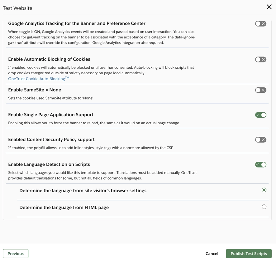 publish test scripts dialog